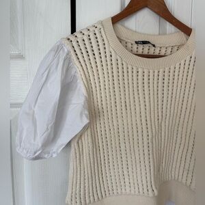 Zara White Poplin Puff Sleeve Shirt Top with Nude Crochet Knit Insert Size S